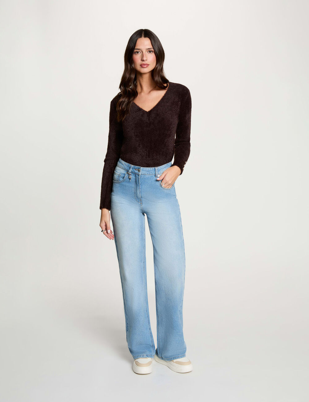 Jersey cuello v mangas largas marr&oacute;n oscuro mujer