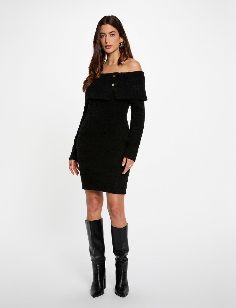 Vestido de punto con cuello bardot negro mujer
