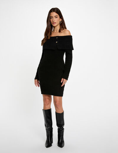 Vestido de punto con cuello bardot negro mujer