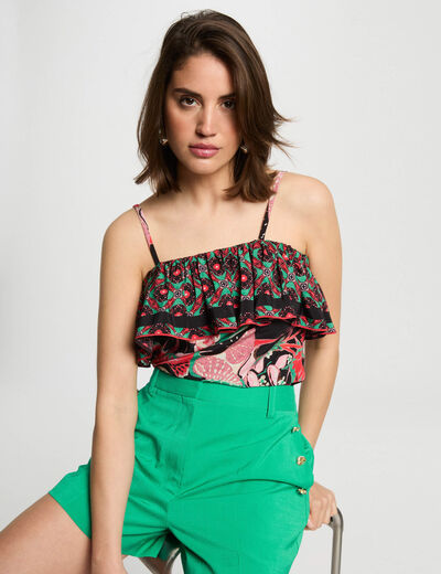 Top estampado volantes multicolor mujer
