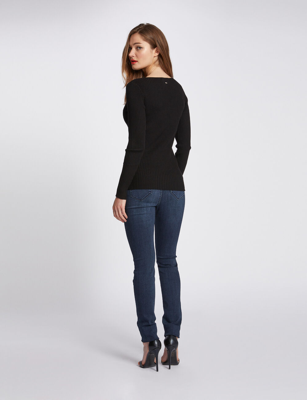 Jersey manga larga punto acanalado negro mujer