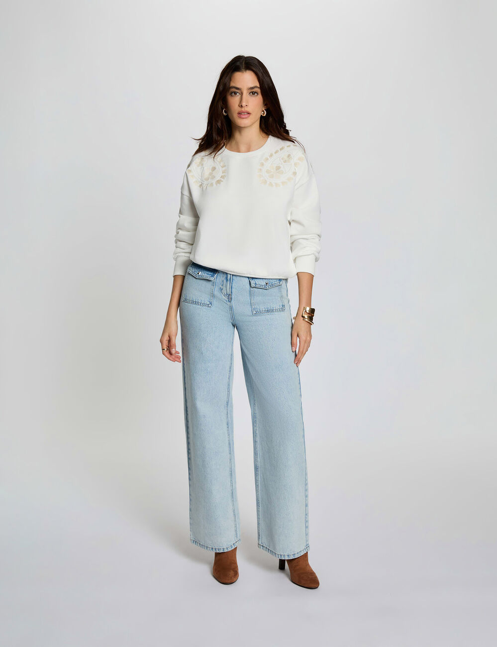 Jersey de punto bordado blanco mujer
