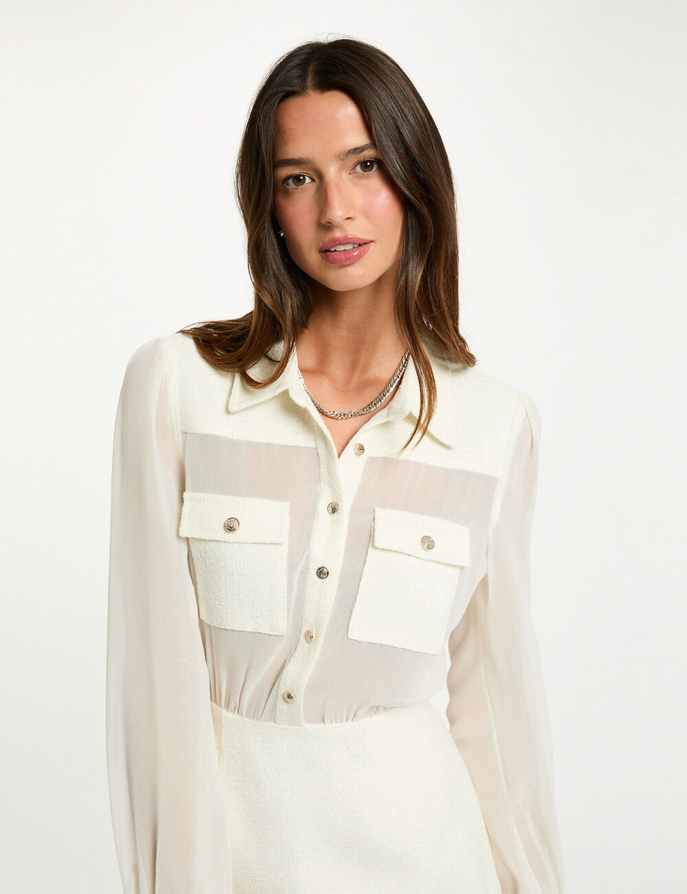 Vestido corto de tweed crudo mujer