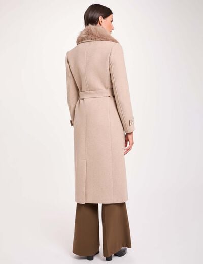 Abrigo largo con cintur&oacute;n beige mujer