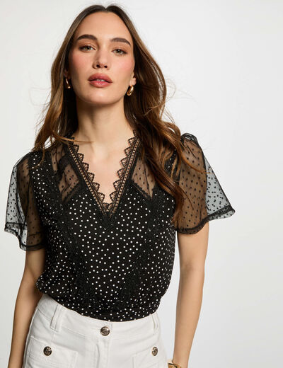 Camiseta manga corta estampada negro mujer