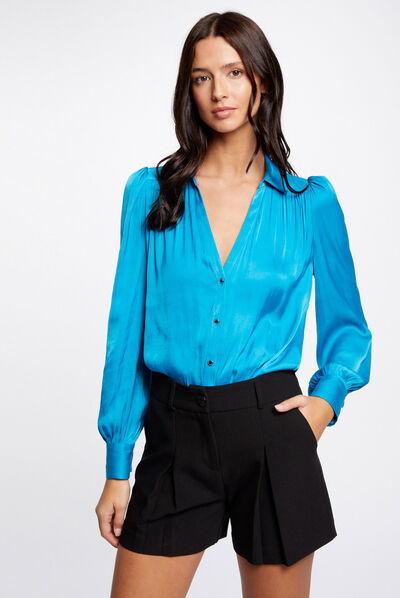 Camisa manga larga satinada azul mujer