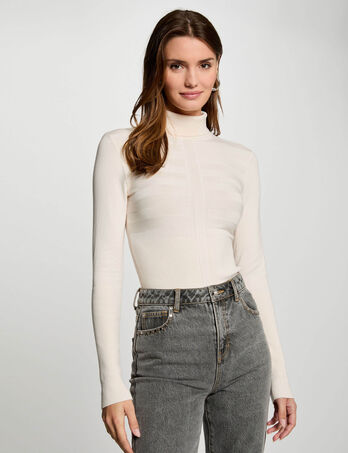 Jersey de cuello alto ajustado marfil mujer