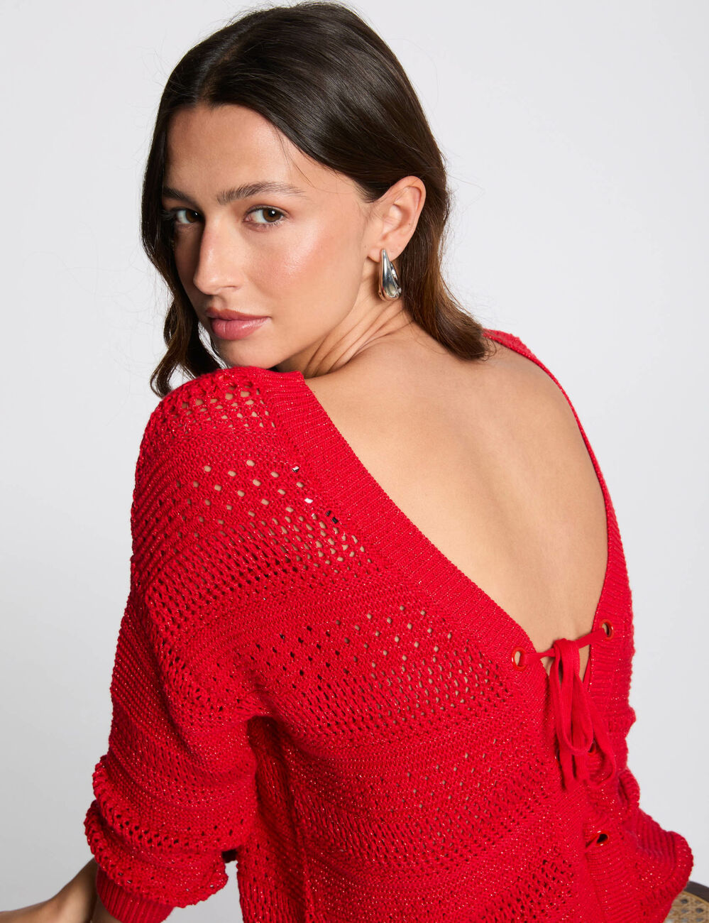 Jersey manga larga calado rojo mujer