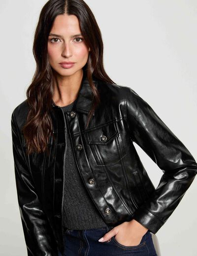 Chaqueta acolchada de cuero sint&eacute;tico negro mujer