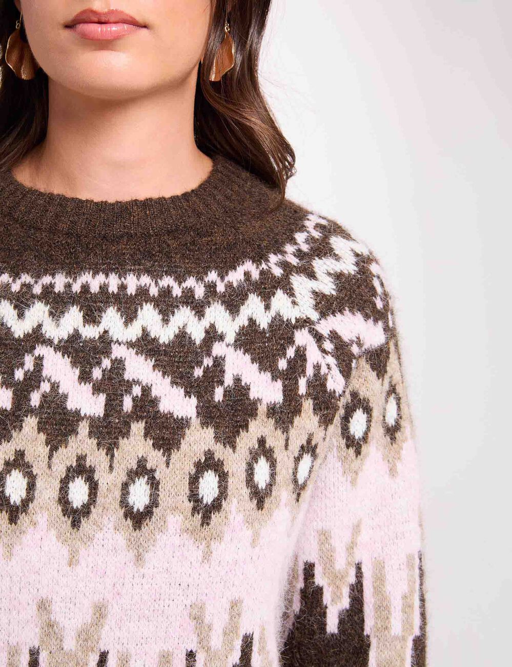 Jersey de chevron con cuello redondo marr&oacute;n oscuro mujer