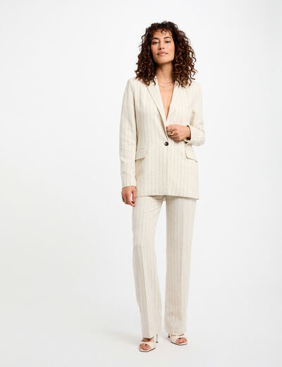 Pantalón pernera ancha rayas beige mujer