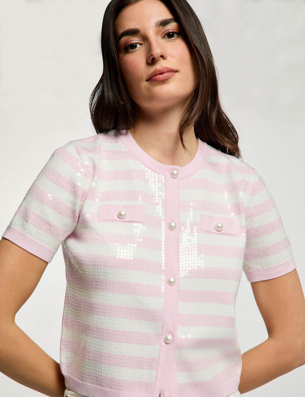 C&aacute;rdigan de rayas con lentejuelas rosa mujer