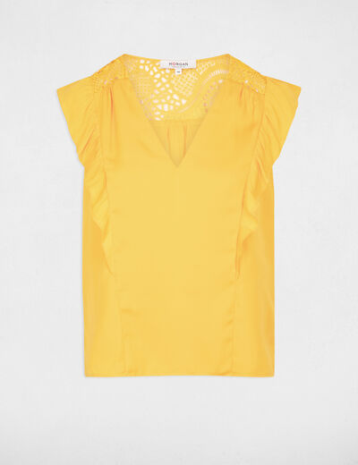 Blusa manga corta volantes ocre mujer