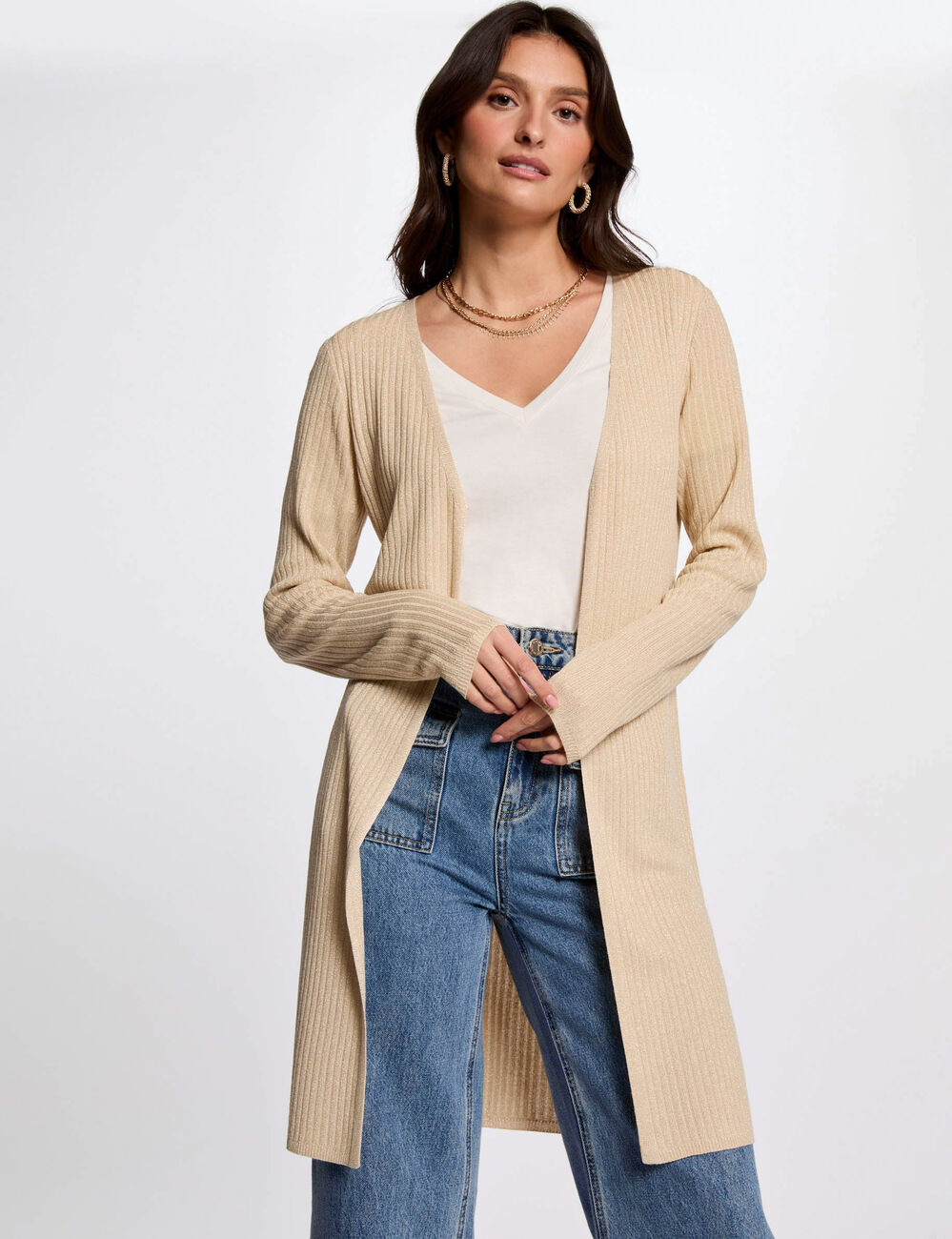 Cárdigan largo escote en V amarillo oro mujer