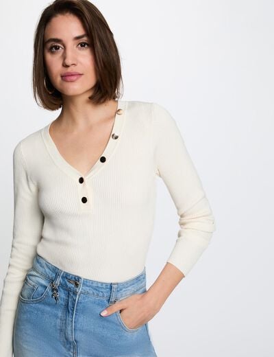 Jersey ajustado con cuello en V marfil mujer