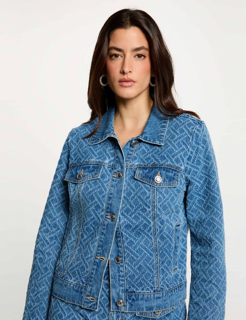 Chaqueta jacquard de espiga denim stone mujer