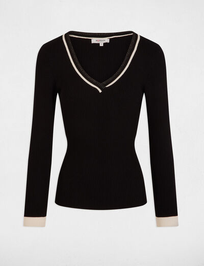 Jersey manga larga con escote en V negro mujer