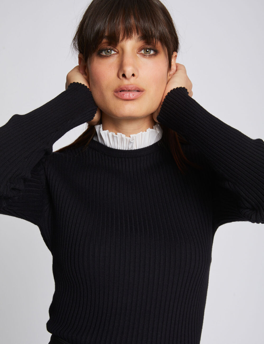 Jersey manga larga cuello plisado negro mujer
