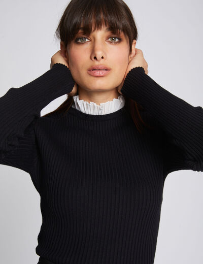 Jersey manga larga cuello plisado negro mujer