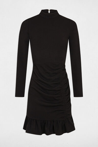 Vestido ajustado volantes y cuello alto negro mujer