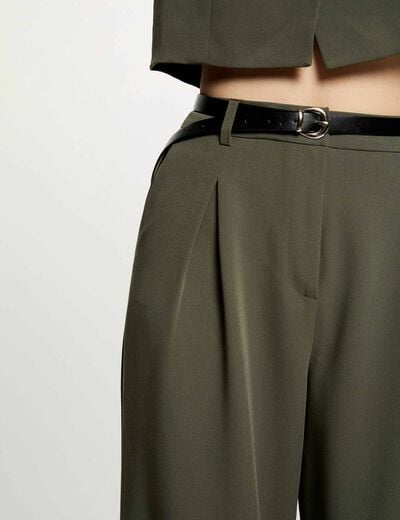 Pantal&oacute;n ancho de tiro alto verde caqui mujer