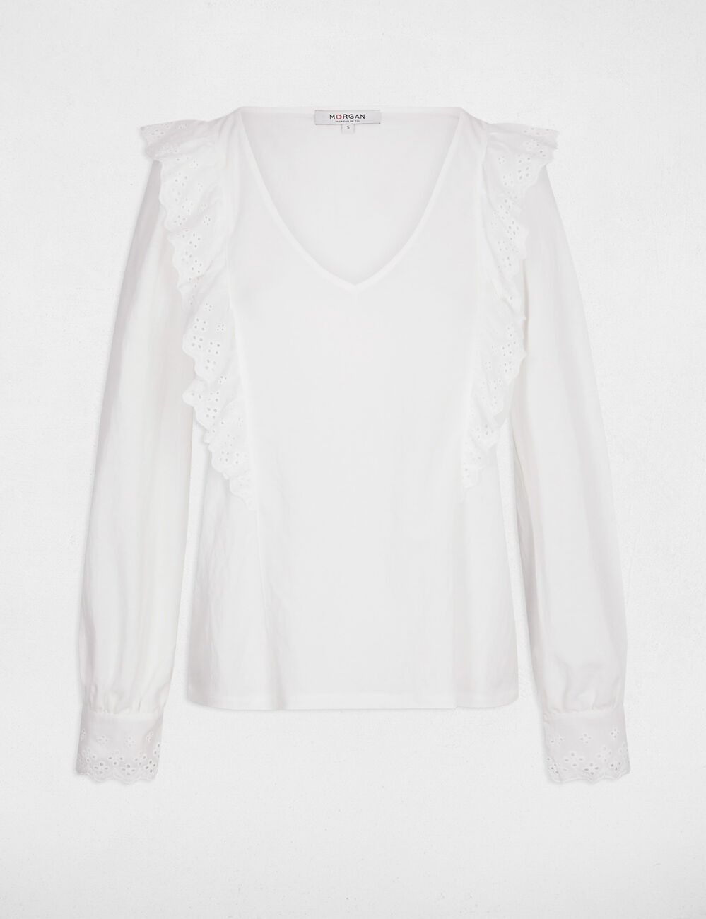 Camiseta bordada cuello en v blanco mujer