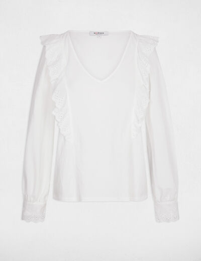Camiseta bordada cuello en v blanco mujer