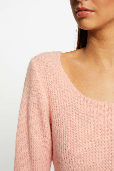Jersey manga larga con cuello redondo corail mujer