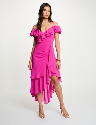 Vestido midi recto volantes rosa frambuesa mujer