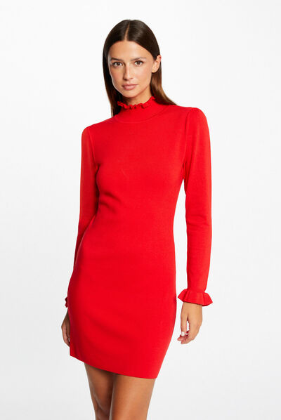 Vestido de punto ajustado cuello alto rojo mujer