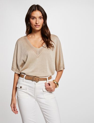 Jersey escote en V manga corta arena mujer