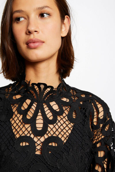 Blusa manga larga con encaje negro mujer