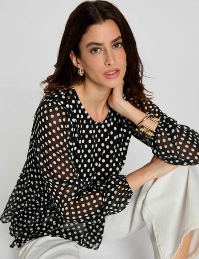 Camiseta de gasa con cuello redondo negro mujer