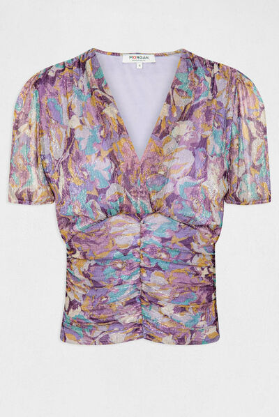 Camiseta manga corta estampado floral morado mujer