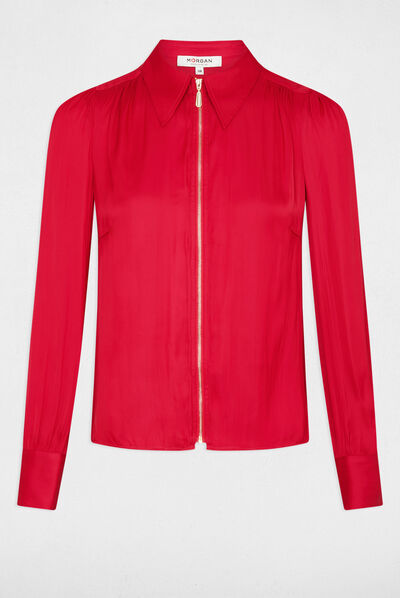 Camisa manga larga satinada fucsia mujer