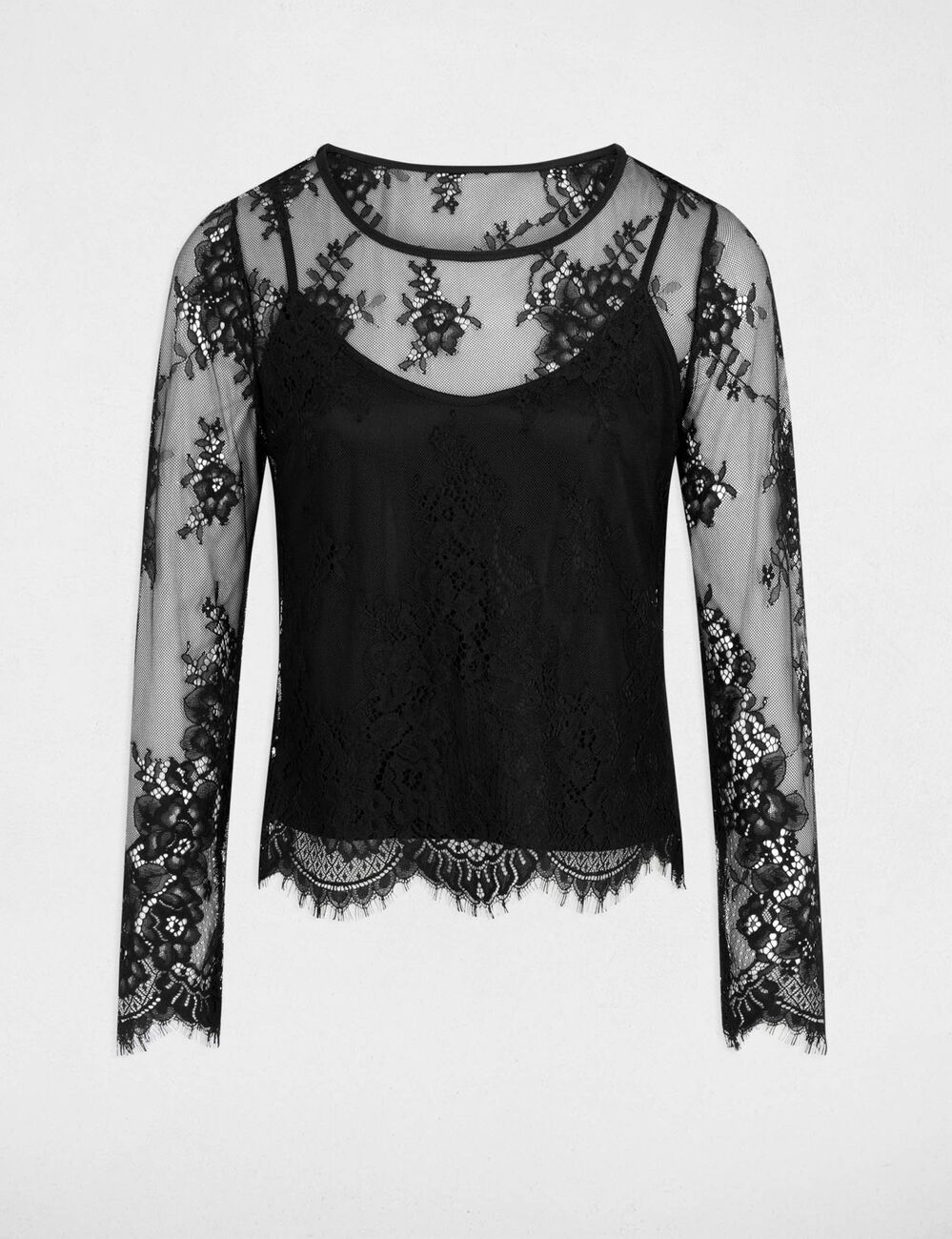 Camiseta de encaje manga larga negro mujer