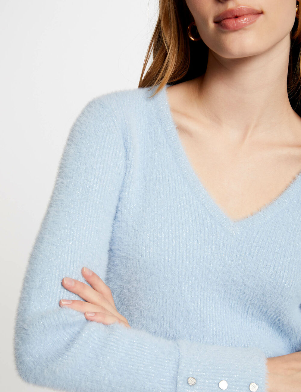 Jersey manga larga con escote en V azul mujer