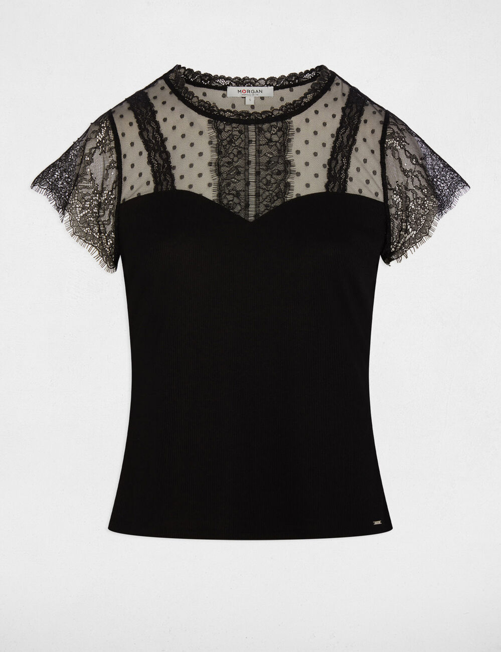 Camiseta entallada de encaje negro mujer
