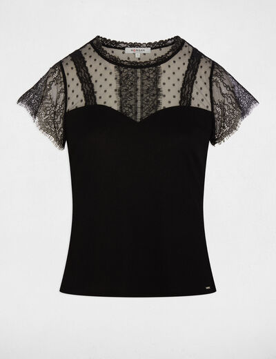 Camiseta entallada de encaje negro mujer