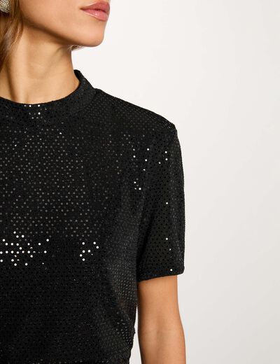 Camiseta de lentejuelas cuello alto negro mujer