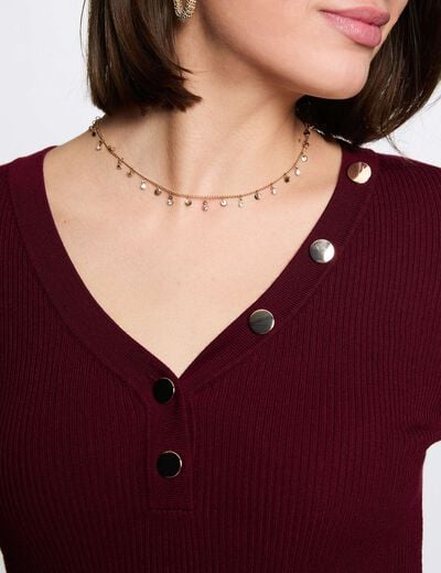 Jersey ajustado con cuello en V burdeos mujer