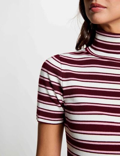 Jersey de cuello alto a rayas burdeos mujer