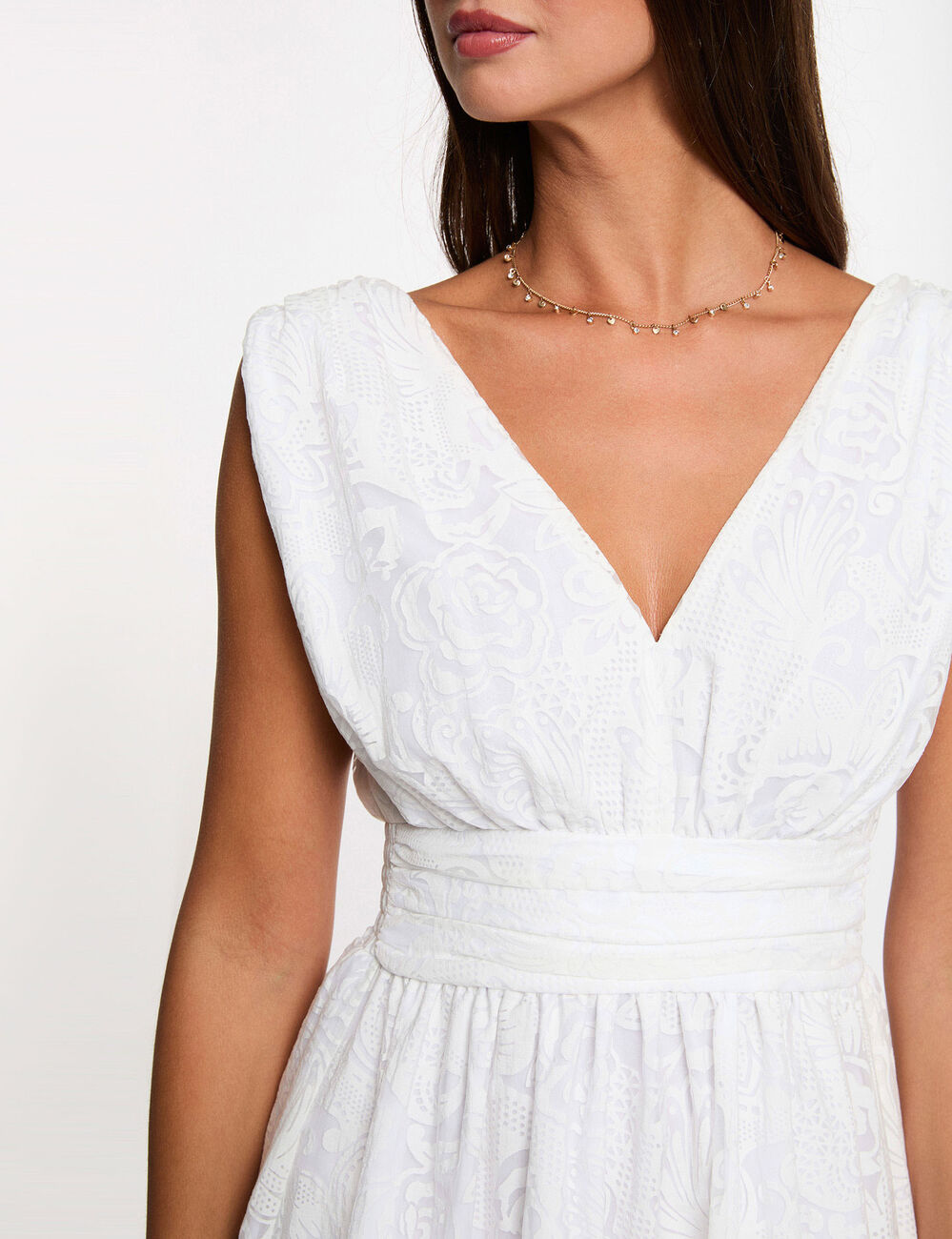 Vestido jacquard cuello v blanco mujer