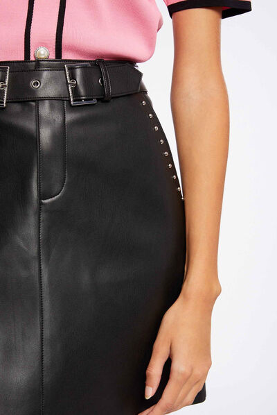 Falda recta cuero sintético negro mujer