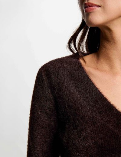 Jersey cuello v mangas largas marr&oacute;n oscuro mujer