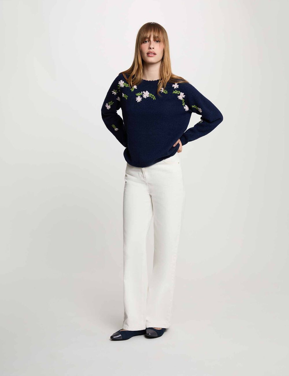 Jersey bordado mangas largas azul marino mujer