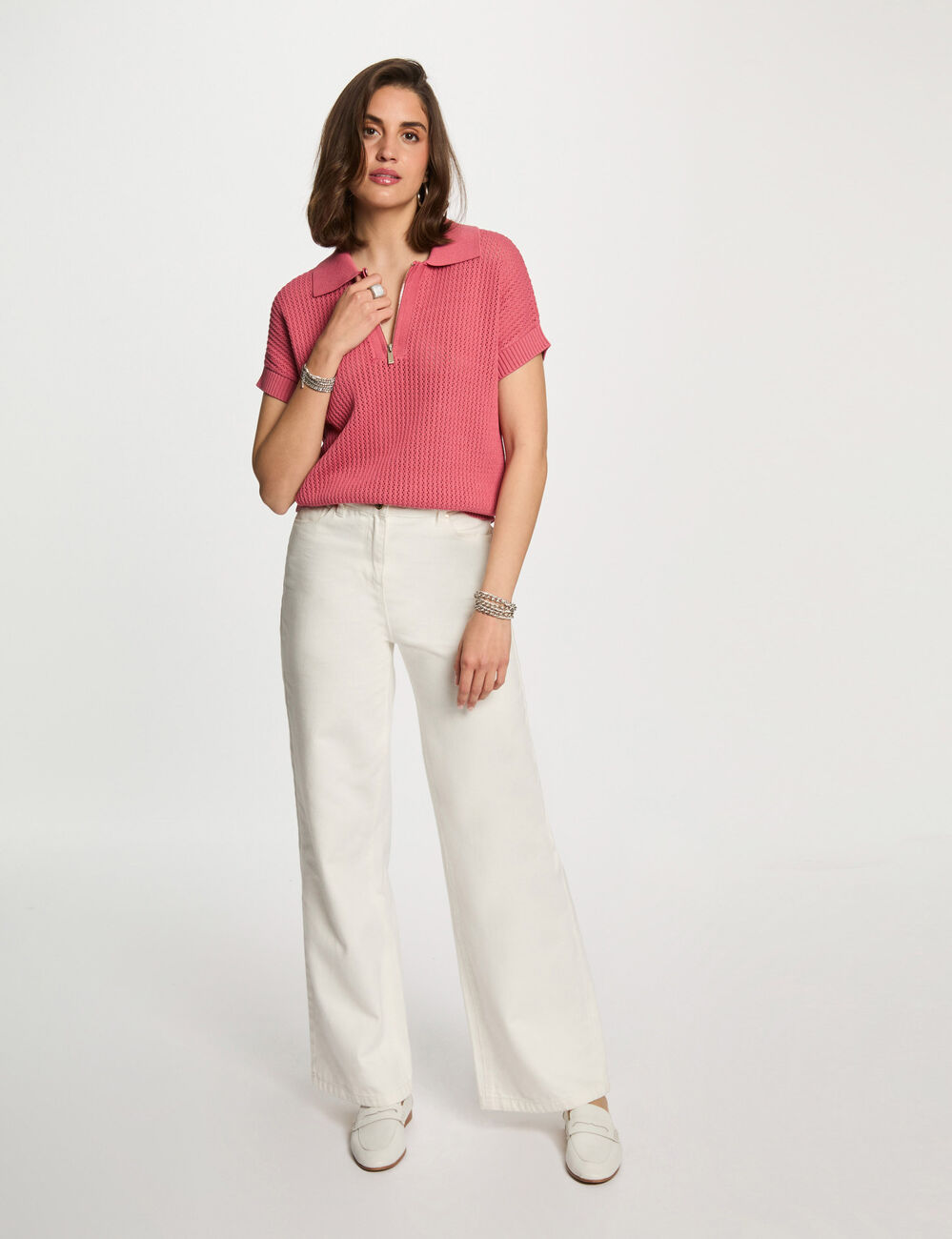 Jersey cuello tipo polo rosa envejecido mujer