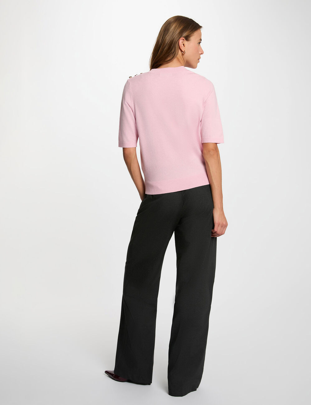 Jersey cuello redondo mangas cortas rosa pastel mujer