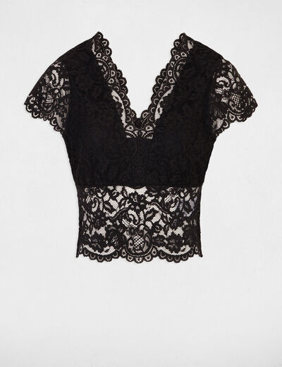Camiseta encaje y escote en V negro mujer