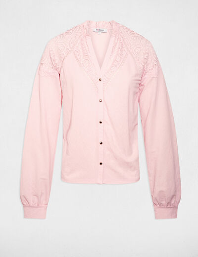 Camiseta de encaje con cuello en v rosa claro mujer